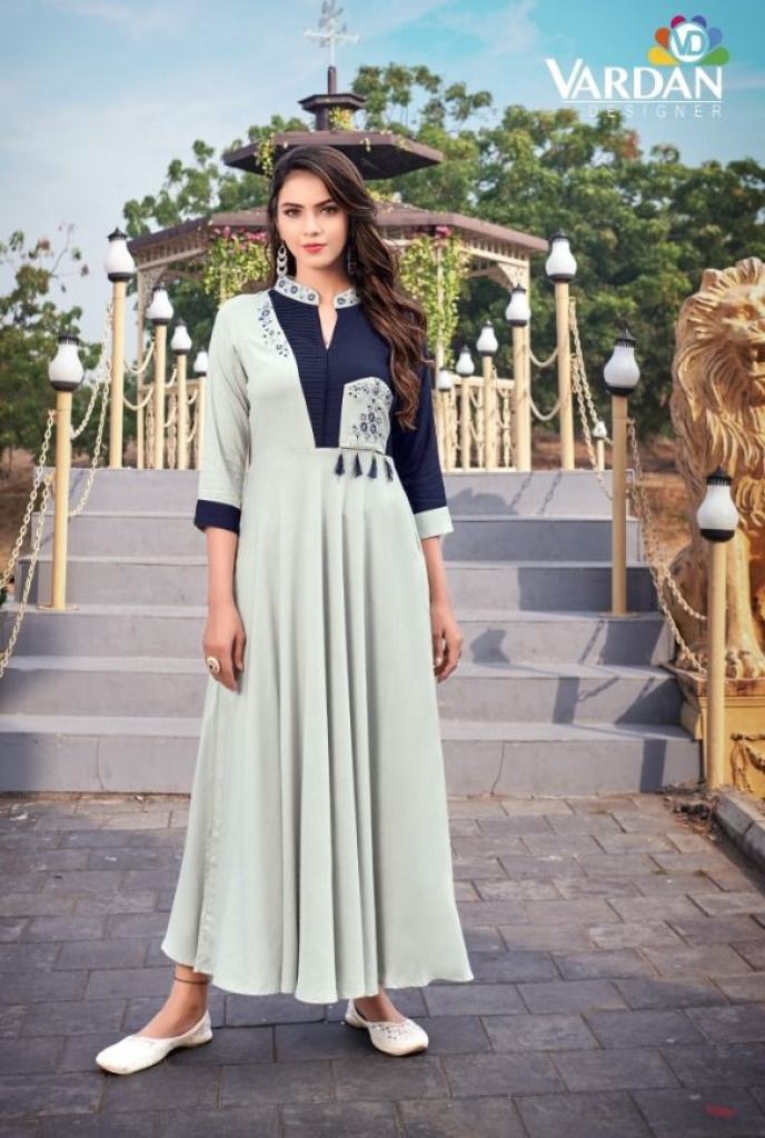 Vardan Ravia Vol 1 Catalog Designer Wear Rayon Embroidery Long Gown Kurtis 