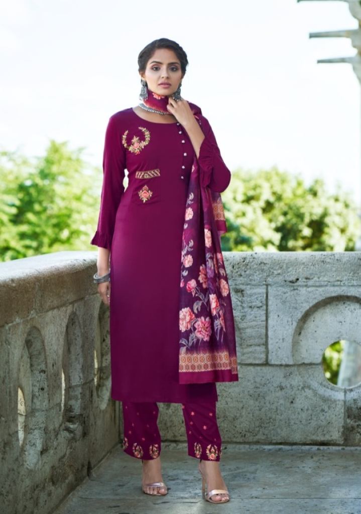  Vardan Sarshiya vol  1 Rayon With Embroidery work Festive Wear Kurti Pant With Dupatta