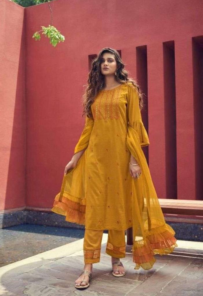 Vink Ruffles Silk With Hand Work Kurti With Pant Dupatta Catalog 
