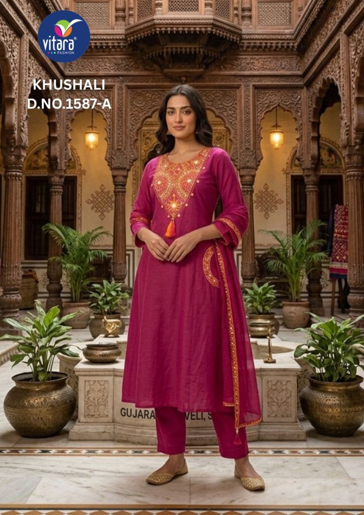 Vitara Khushali Dhabu Embroidered Kurti With Bottom Dupatta