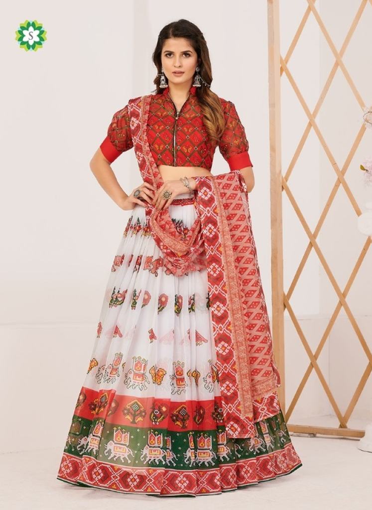  White and Red  Style Multi Printed Lehenga Blouse With Fancy Dupatta collection 