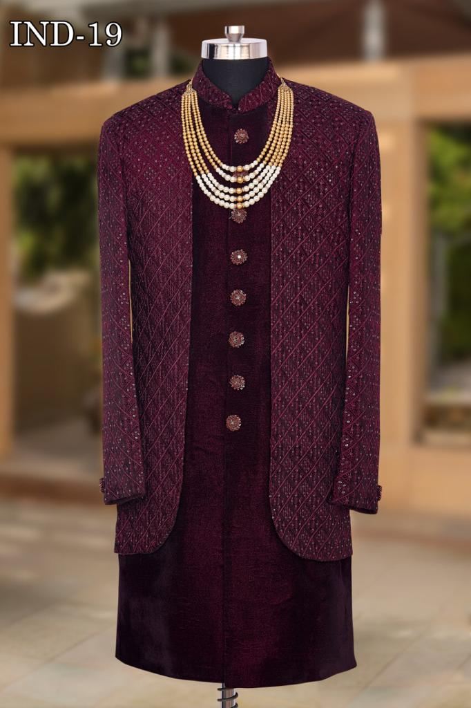 Wine Indo Western Sherwani with Traditional Embroidery Designer Collection