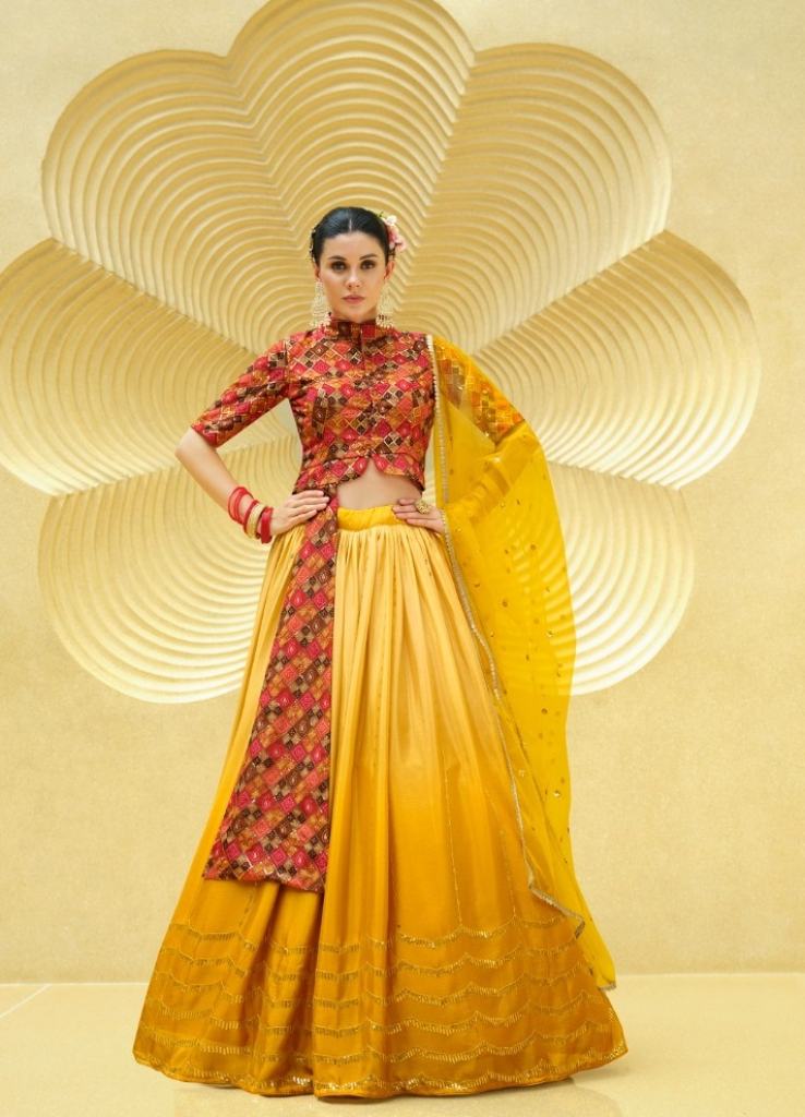 Yellow Chinon Silk Designer Crop-top  Lehenga Collection