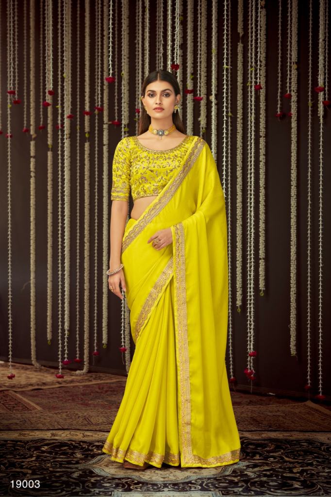 Yellow Chinon silk sequins with zari work  Festive Wear Saree