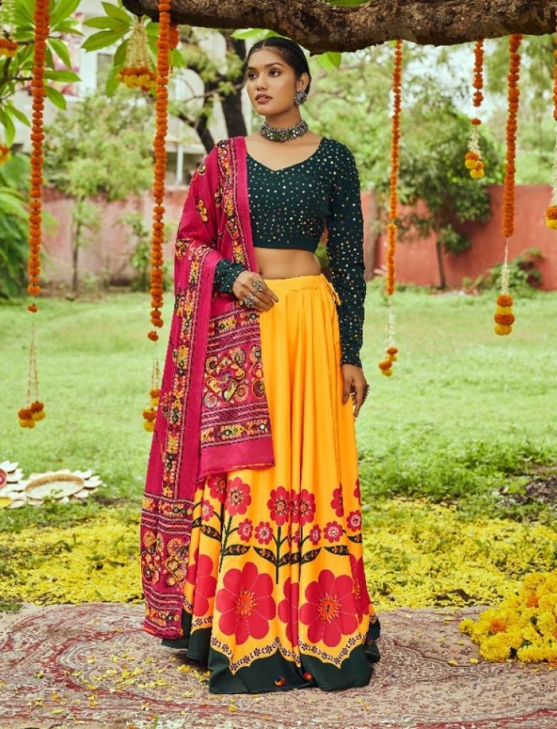 Yellow maslin cotton Stylish Deep Pink Fancy Dupatta Lehenga choli 