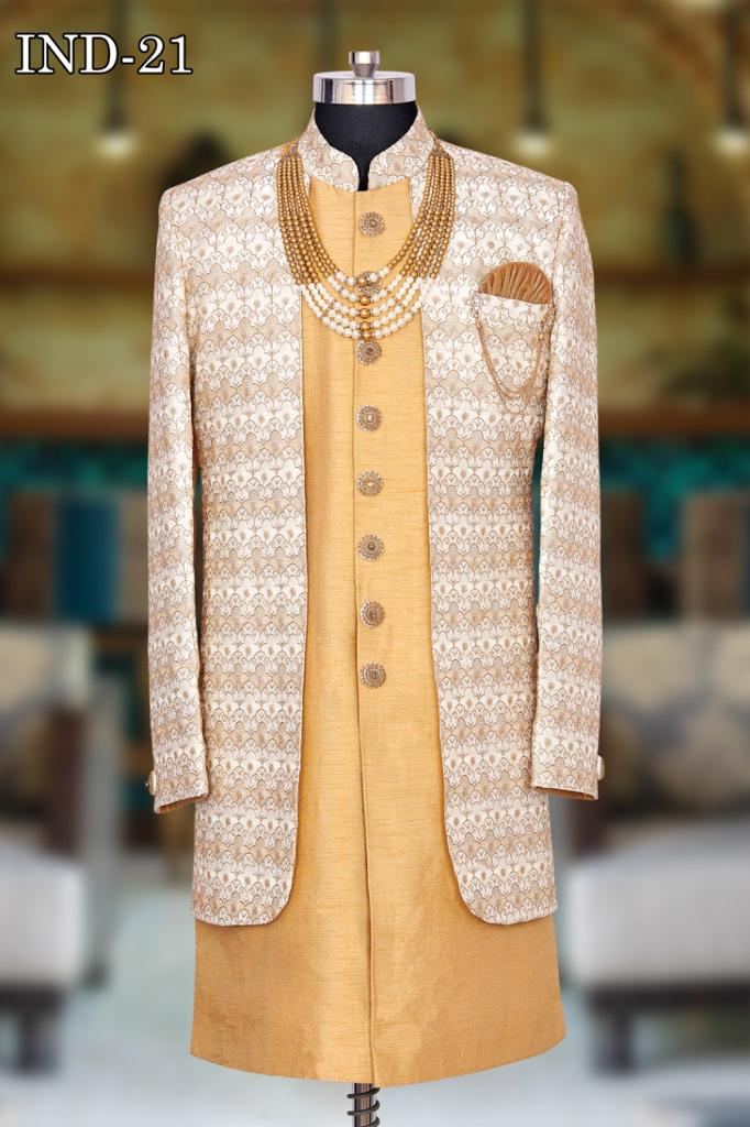 Yellow and Cream cotton silk Engagement Indo Western Sherwani collection