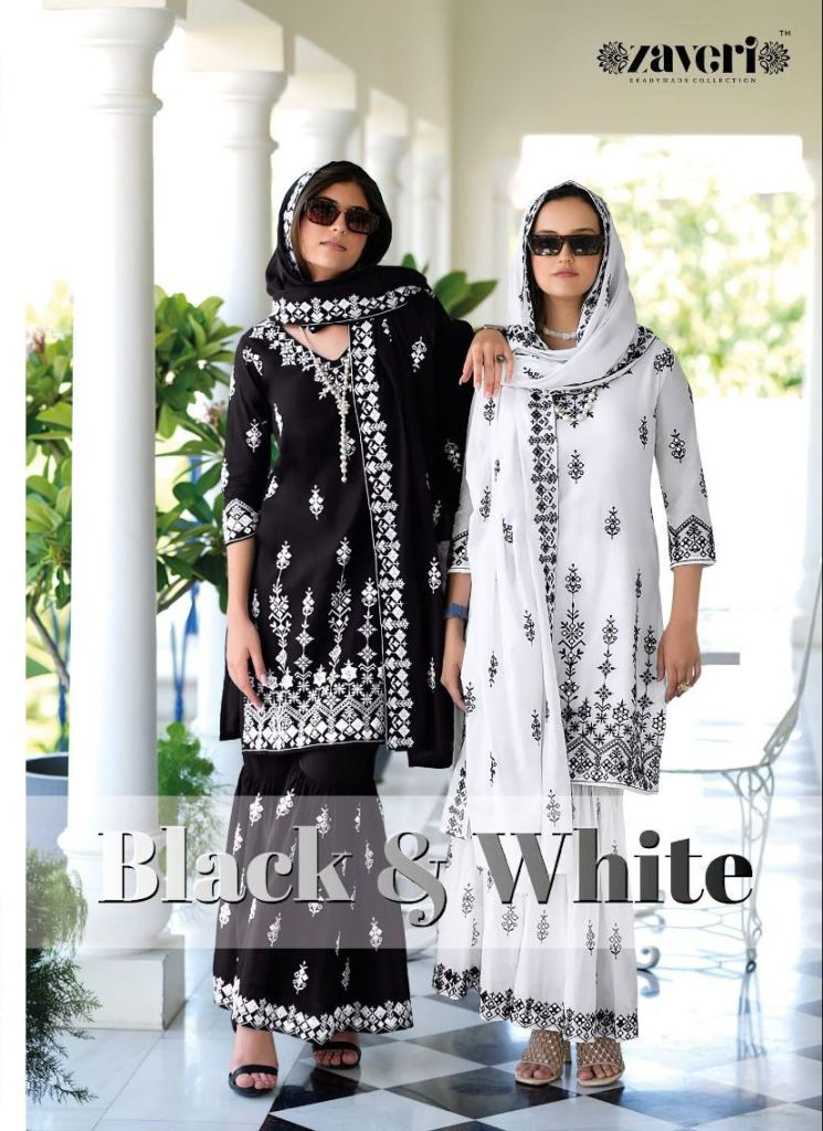 Zaveri Black And White Embroidery Work  Readymade Kurtis Sharara With Dupatta Collection