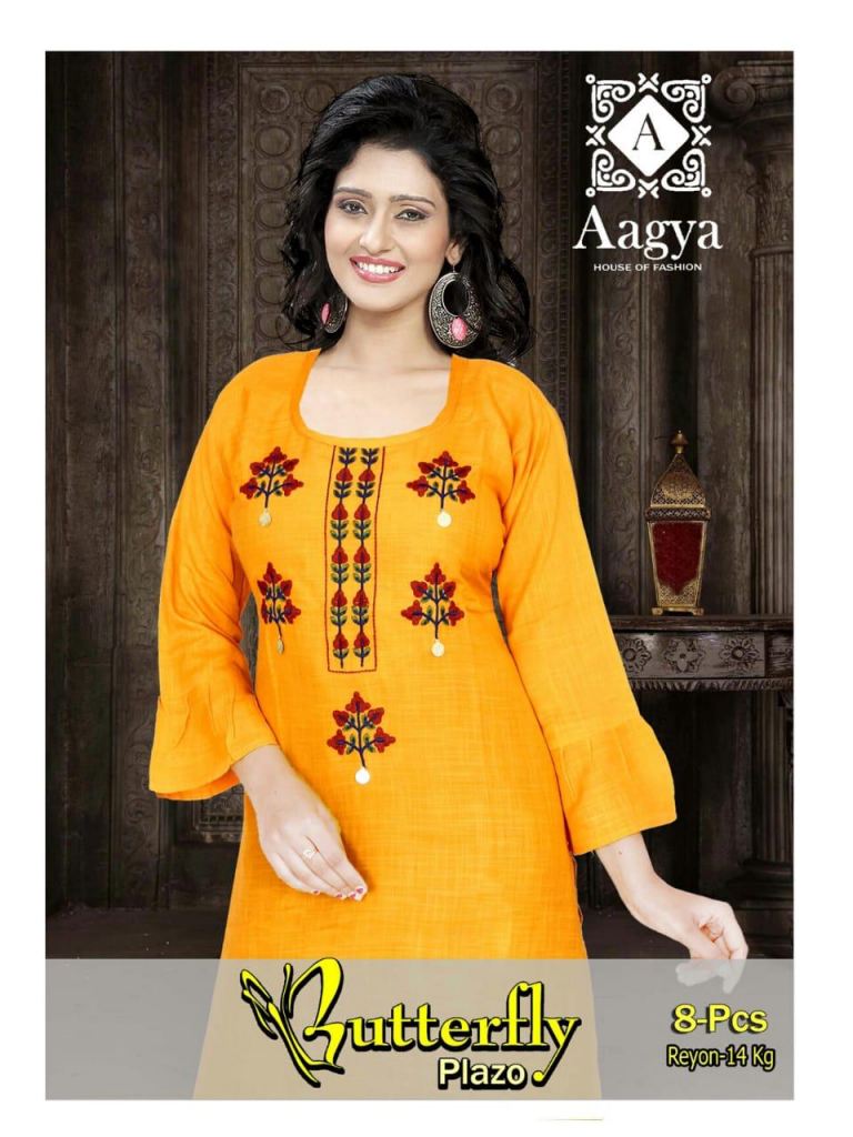 AAGYA BUTTERFLY PLAZO RAYON EMBROIDERED KURTI WITH PRINTED PLAZO