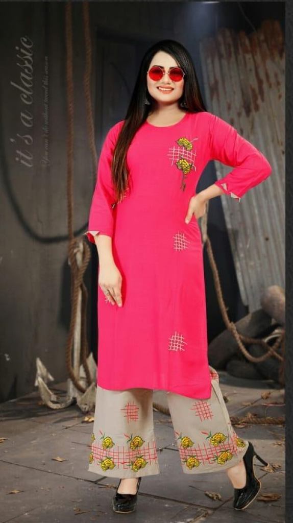 AAGYA MINT RAYON SLUB EMBROIDERED KURTI WITH PLAZO