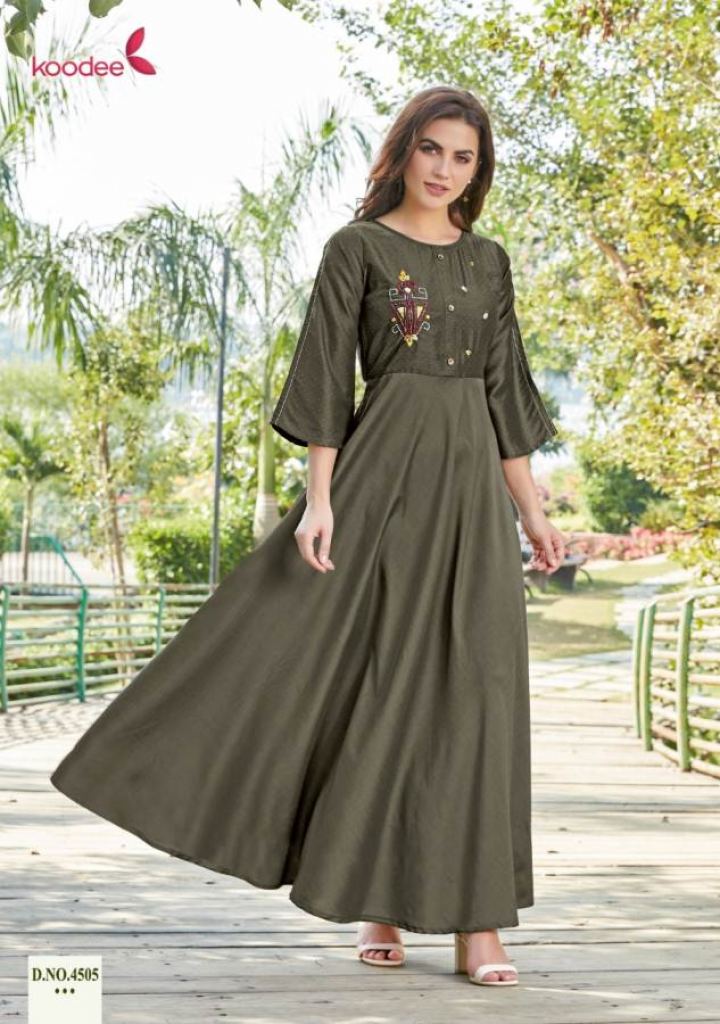 WALKWAY 10 BY BLUE HILLS RAYON WITH GOLD PRINT STYLISH FALIRED LONG GOWN  STYLE KURTI LATEST FASHION CATEGORY IN GUJRAT MAURITIUSE NEWZEALAND UK -  Reewaz International | Wholesaler & Exporter of indian