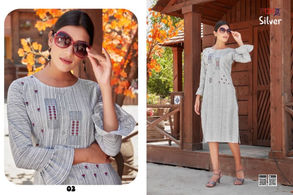 Silver Embroidered Long Ethnic Kurtis - LANI - 2992937