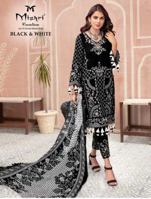 Mishri Black & White Cotton Printed Dress Material